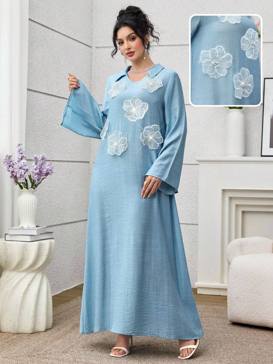 SHEIN Najma 女式宽松长袖蓝色阿拉伯风格串珠花卉连衣裙 - 藍色 - 查看 1