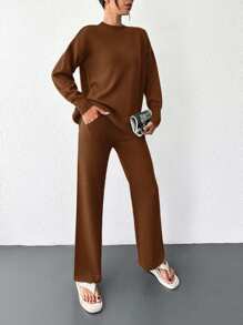 SHEIN Cottnline Women's Solid Color Round Neck Drop Shoulder Sweater And Knitted Straight Pants 2pcs/Set - Rust Brown - View 4