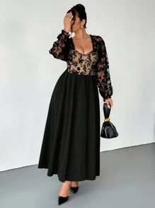Firerie Plus Size Black Autumn Elegant Women's Mesh & Flocked Colorblock Fishbone Bust Flared Hem Stretchy Long Sleeve Maxi Dress For Spring/Autumn - Black - View 7
