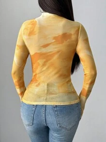 SHEIN Clasi 女式随机印花高领长袖上衣 - 黃色 - 查看 2