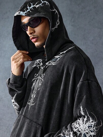 Street Life Men's Black Casual Drop Shoulder Long Sleeve Loose Fit Hoodie , Fall