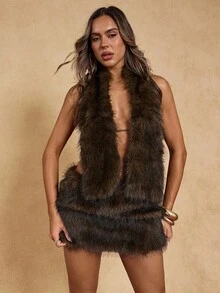 SHEIN BAE Autumn And Winter Y2K Music Festival Women's Low Waist Mini Puffy Skirt, Faux Fur Low Waist Mini Skirt Pants, Suitable For Going Out, Night Party, Rave Party, Halloween Party,Halloween Costumes  Fall Outfits Women ,Brown Skirt - Coffee Brown - View 6