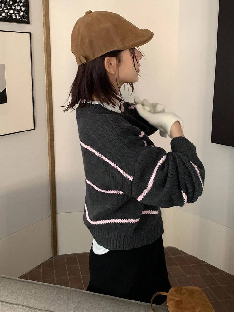 Women's Round Neck Striped Korean Style Contrast Color Casual Cardigan Fall/Winter