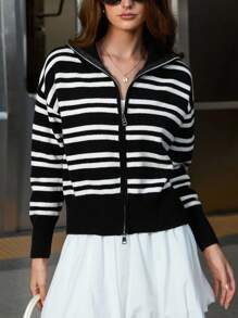 Aveloria Affinna New Autumn/Winter Casual Contrast Color Zipper Long Sleeve Cardigan Sweater For Women - Black and White - View 6