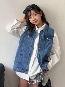 Tween Girls Casual Stylish Single Breasted Sleeveless Denim Coat Y2k,Girls Flap Coats, Fall Autumn Winter Versatile Clothes Jeans Jacket Outfits,Back To School Homecoming Dailywear Streetwear Outfits - Medium Wash - View 3