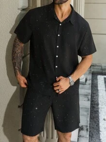 Manfinity Homme 2件套大码男士休闲短袖衬衫和短裤套装 - 黑色 - 查看 6