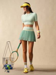 VARSIVA Women's Multicolor Knitted Colorblock Crop Sports Set With Round Neck And Short Sleeves Tennis Skirt Set Women Tennis Outfit 2 Pieces Workout Set Women Pleated Tennis Skirt Athletic Skirt Set