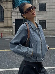 DAZY Vintage Washed Denim Short Jacket, Fitted Design For Women - Medium Wash - View 5