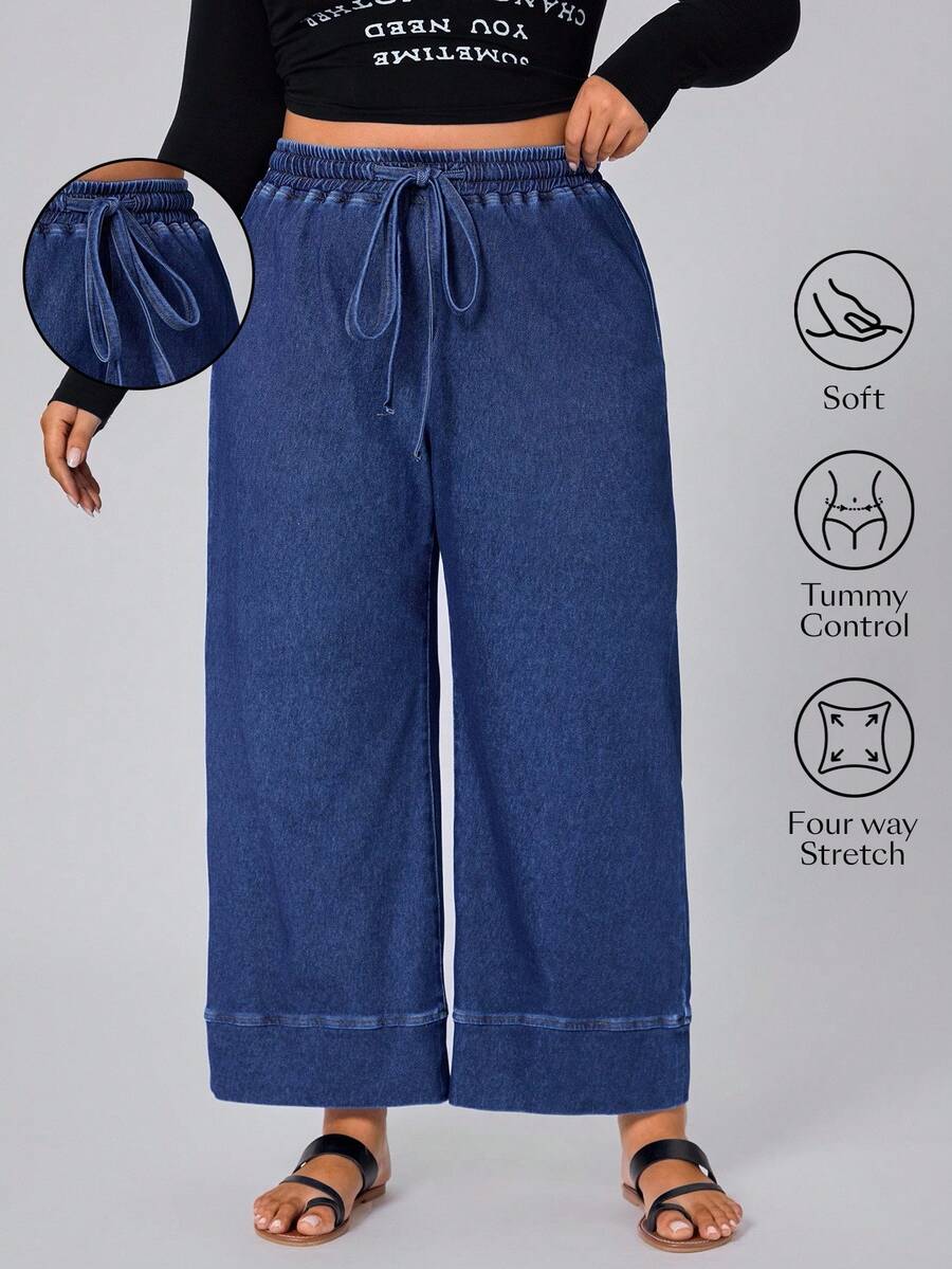 SHEIN EZwear Damen Jeans in Cowgirl-Blau mit elastischem Bund, sexy, gerade geschnitten, Capri-Länge, Große Größen
