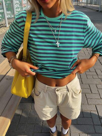 SHEIN Camiseta de manga larga a rayas de hombros caídos y corte holgado