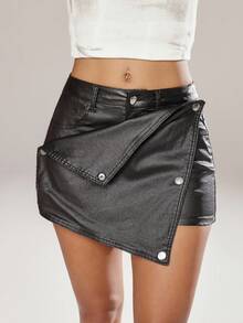 SHEIN ICON Women's Black Coated Elastic Fitted Waist Skort, All Season - Black - View 1
