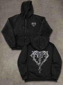 PAVTROS Sudadera con capucha para hombres, tono negro con impresión floral gótica y corazón en la parte delantera y trasera, diseño elegante y personalizado, se adapta a varios tipos de Body, para uso diario - Negro - Ver 2