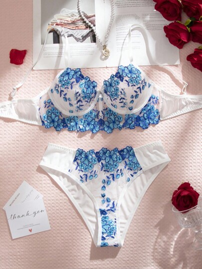 SHEIN 2pcs/Set Women's Mesh Embroidery Underwire Bra Set Floral Lingerie Set Blue Floral Lingerie Set Embroidered Lingerie Set