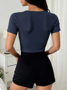 INAWLY Solva Women's Casual Daily All-Match Solid Color Fitted T-Shirt - Navy Blue - View 2