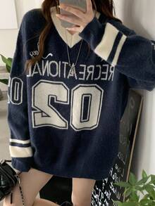 DAZY 女式V领休闲拼色长袖毛衣 - 藏蓝色 - 查看 9