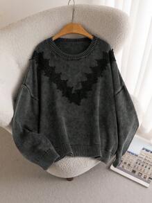 CosyJoli Suéter de punto con encaje lavado y desgastado de estilo francés elegante y casual para mujeres de talla grande en otoño/invierno - Negro - Ver 7