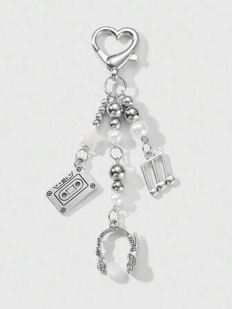 Kawaii 1 pezzo Ciondolo a forma di nastro musicale a cuore in resina CCB argento, stile retrò Y2K, versatile, adatto per festival musicali, come ciondolo per borsa o portachiavi, ideale per donne, uso quotidiano, regalo per le vacanze