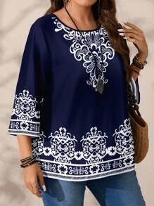 SHEIN CURVE+ 加大码休闲复古印花宽松衬衫，女式加大码蓝白图案复古印花圆领 3/4 袖衬衫，适合夏秋季，教师衬衫，女式秋装，冬季，CURVE PLUS - 彩色 - 查看 5