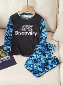 Discovery X SHEIN 2pcs Young Boy Tiger & Camouflage Print Crew Neck Long Sleeve Top And Pants Knit Comfortable Pajama Set