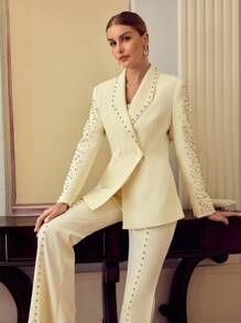 ZEYLAH Embellished Pearl Beaded Women's Blazer Fall Cloth For Women - White - View 2