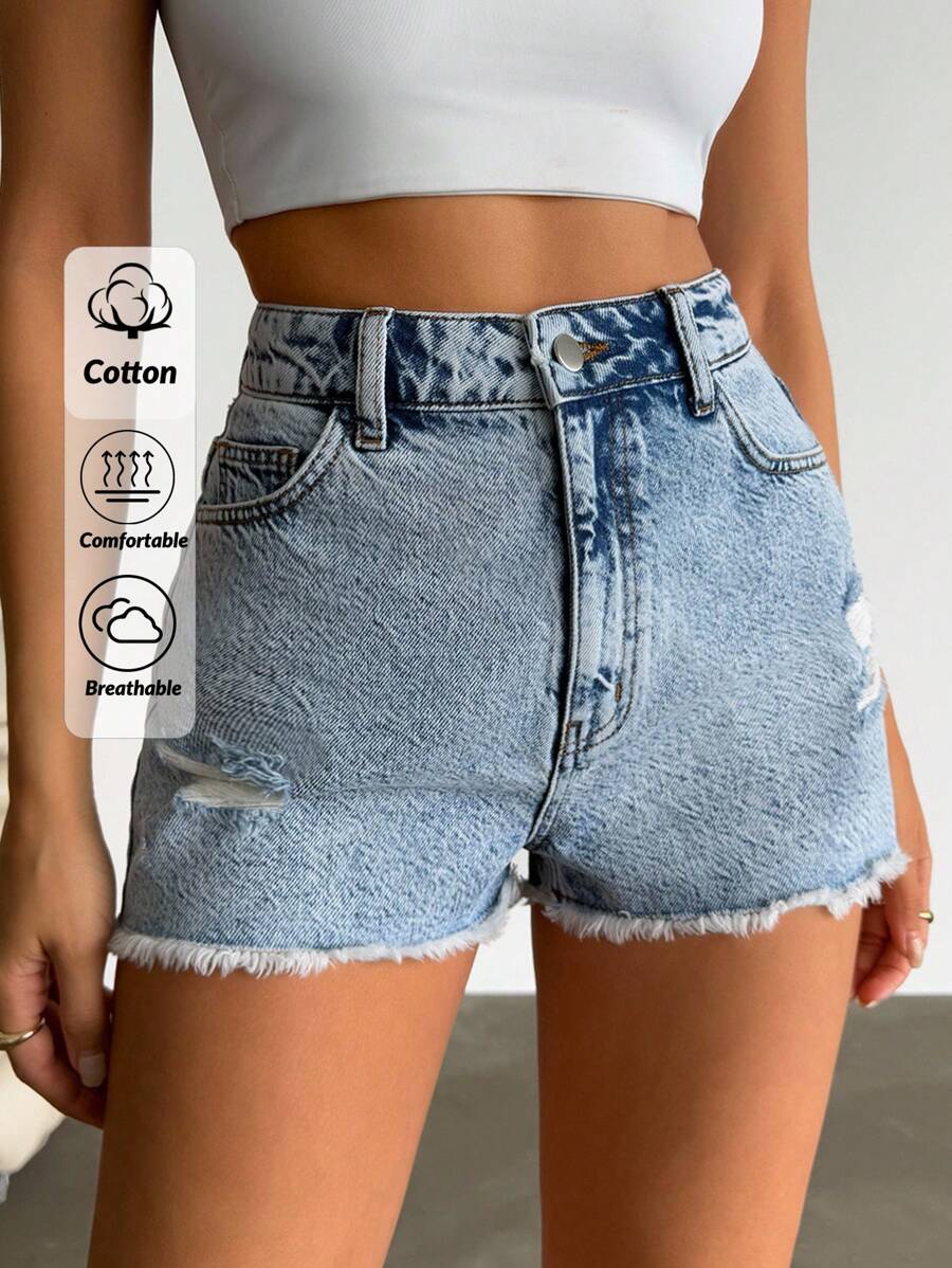 EURMUSE 100%Cotton Back Label Detailed Short With Destroy Summer Outfits For Women - Medium Wash - View 1