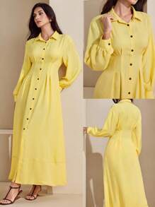 Graceveil 女式黄色腰部收紧撞色条纹设计长袖超长端庄连衣裙 - 黃色 - 查看 1