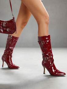 CUCCOO SZL 女士尖头细高跟鞋勃艮第红系带铆钉装饰时尚性感个性及膝靴，适合秋冬季 - 酒紅色 - 查看 9