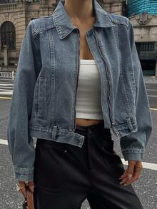 DAZY Vintage Washed Denim Short Jacket, Fitted Design For Women - Medium Wash - View 3