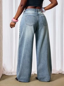 Slaydiva Women's Fashion Street Rivet Decor Wide Leg Loose Fit Jeans