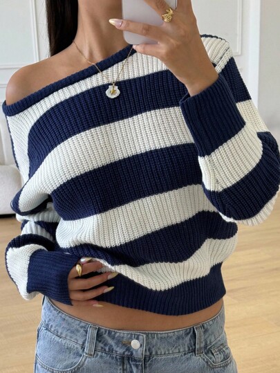 SHEIN Sweter w paski dla nastolatek, minimalistyczny i modny, odpowiedni do noszenia na co dzień, jesień/zima