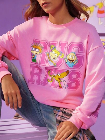 Nick 90s | SHEIN 女式卡通人物图案圆领长袖套头衫