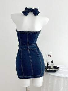 Elamini 女式拉链挂脖系腰修身无袖牛仔连衣裙 - 深色水洗藍 - 查看 2