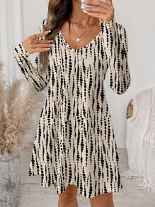 SHEIN LUNE Women's Casual Tie-Dye Striped V-Neck Printed Long Sleeve Short Dress, Suitable For Autumn/Winter