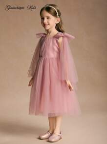 Glamorique Kids Vestido de Navidad para niños, vestido de fiesta, vestido de Santa, vestido de Año Nuevo, vestido de bola de Navidad para niños, vestido de princesa rosa para niña, vestido de malla rosa con volantes, vestido con lazo grande, vestido de boda, vestido de cumpleaños para niños, vestido elegante para invitados de boda, vestido de salida, vestido de otoño, vestido de actuación en el escenario del piano, vestido de cuatro estaciones para Oriente Medio - Rosa - Ver 3