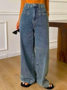 Livesso Jeans vaqueros anchos casuales y sueltos con diseño de bolsillos para mujer - Gris - Ver 7