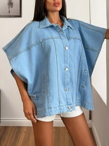 EURMUSE 97% Cotton Flap Pocket Button Front Denim Jacket Jeans Top Jean Shirt - Medium Wash - View 7