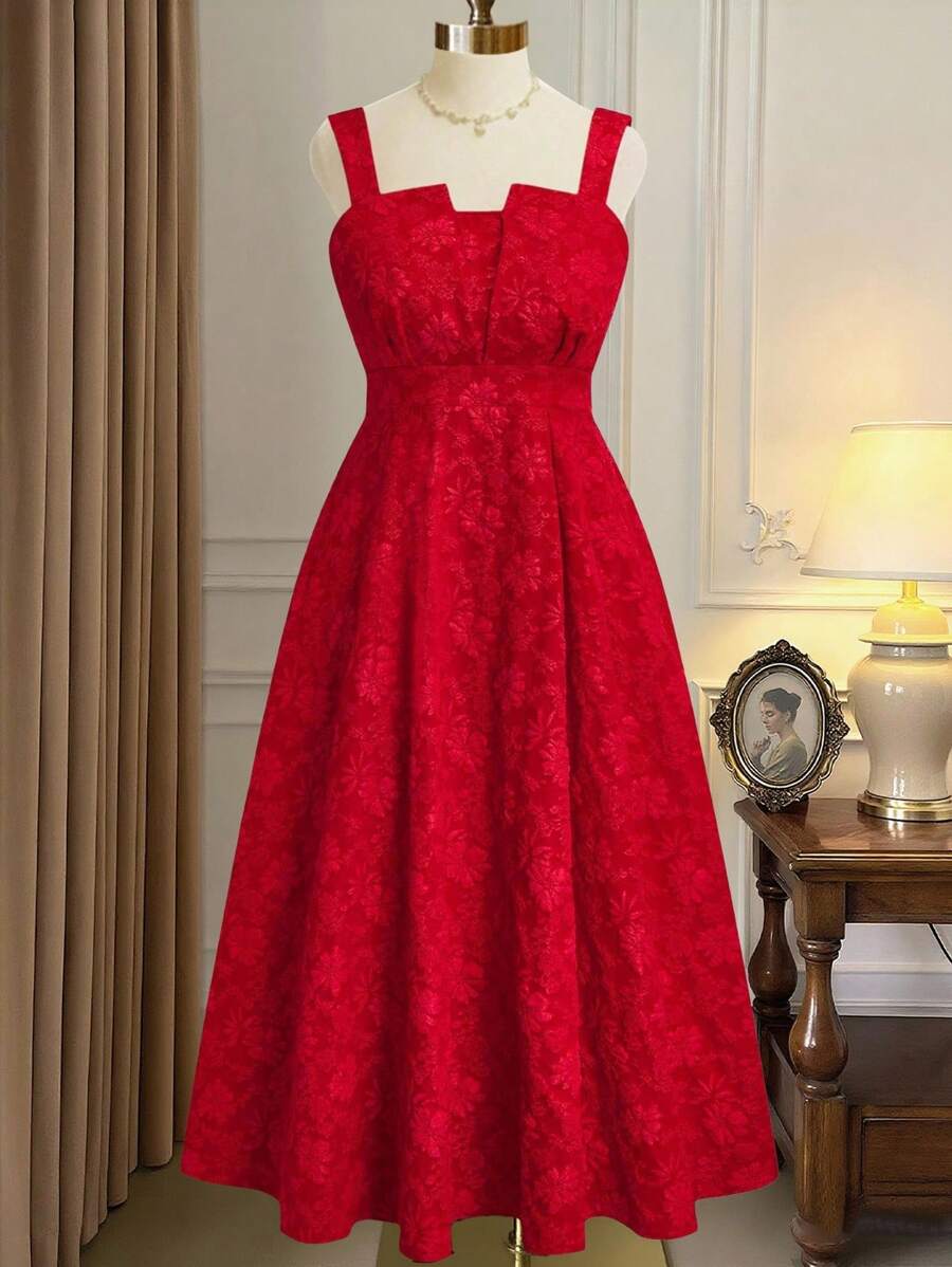 Rometta Plus Size Elegant Sleeveless Textured Cami Midi Dress For New Year Clothes, For Thanksgiving Maxi Women Outfit