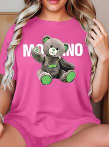 Plus Size Women's Teddy Bear Print Round Neck Short Sleeve T-Shirt