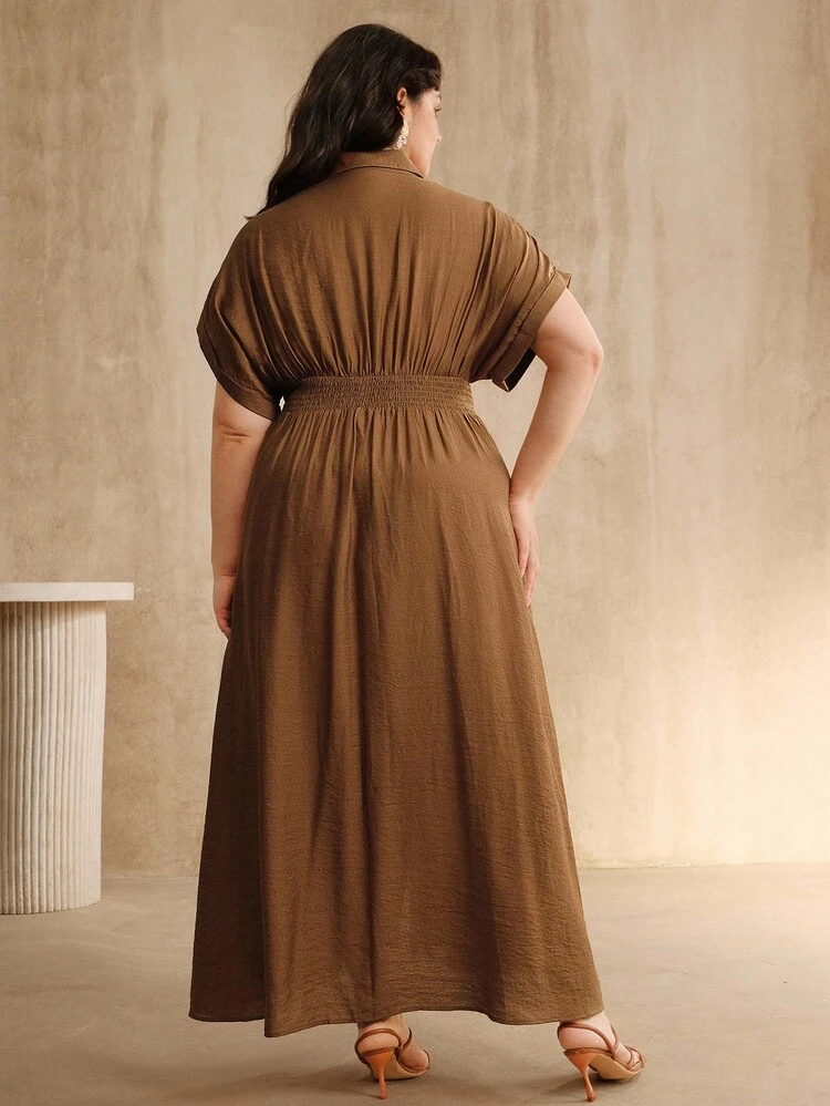 Plus Size Elegant Collared Cross Design Short Sleeve Single-Breasted Long Dress, Brown, Summer