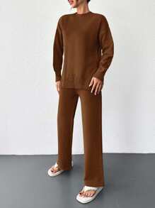 SHEIN Cottnline Women's Solid Color Round Neck Drop Shoulder Sweater And Knitted Straight Pants 2pcs/Set - Rust Brown - View 5