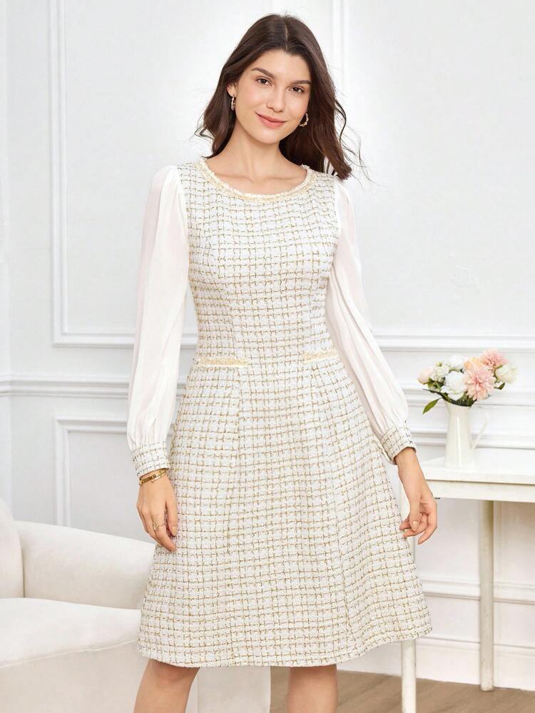 Women's Fall And Winter Dress, Tweed Fabric And Chiffon Splicing Design, Suitable For Wedding Guest Dress Elegant, Dresses For Wedding Guests, Waist Version A-Line Dress, Suitable For Going Out Party Occasions,White Dress New Year