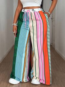 Maweii Thiết kế mới mùa hè 2025 có túi, quần ống rộng rộng rãi họa tiết chắp vá nhiều màu, họa tiết in cổ điển, quần ống rộng thường ngày sáng tạo - Nhiều màu - Xem 3