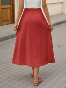 Brillora Women's Solid Color Front Button Simple Skirt, Casual Everyday Wear - Red - View 2