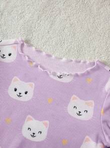 Set de 4 piezas de pijama suave y cómodo con estampado de gatos lindos, cuello redondo y mangas largas para niñas bebés - Púrpura malva - Ver 3