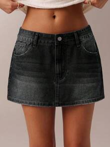 SHEIN Forever 21 Váy ngắn denim nữ dáng chữ A cổ tim không tay màu tương phản thêu hở phía trước phai màu mùa xuân mới - Màu xám đen - Xem 7