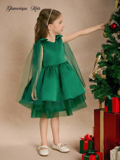 Glamorique Kids 圣诞儿童连衣裙、派对礼服、圣诞老人连衣裙、新年连衣裙、圣诞儿童舞会礼服、女童公主裙、深绿色缎面网纱泡泡裙、蝴蝶结网纱缎带连衣裙、优雅舞台婚礼宾客礼服、外出礼服、儿童生日礼服、圣诞连衣裙、秋季演出礼服、中东四季华丽连衣裙、圣诞连衣裙、祖母绿小女孩派对礼服、秋冬季少女礼服