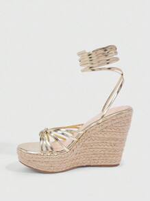 CUCCOO SZL Women's Wedge Thick Rope Sole Gold Strap Tie Up Sandals, Sexy Vacation Style