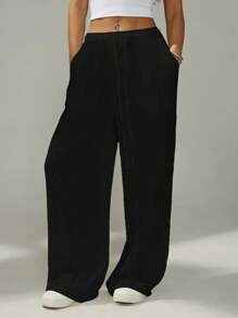 SHEIN PETITE Women's Casual Solid Color Wide Leg Pants Business Casual Woman