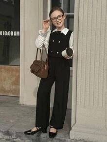 2件套：翻领拼布长袖衬衫+休闲直筒裤 - 黑色 - 查看 6