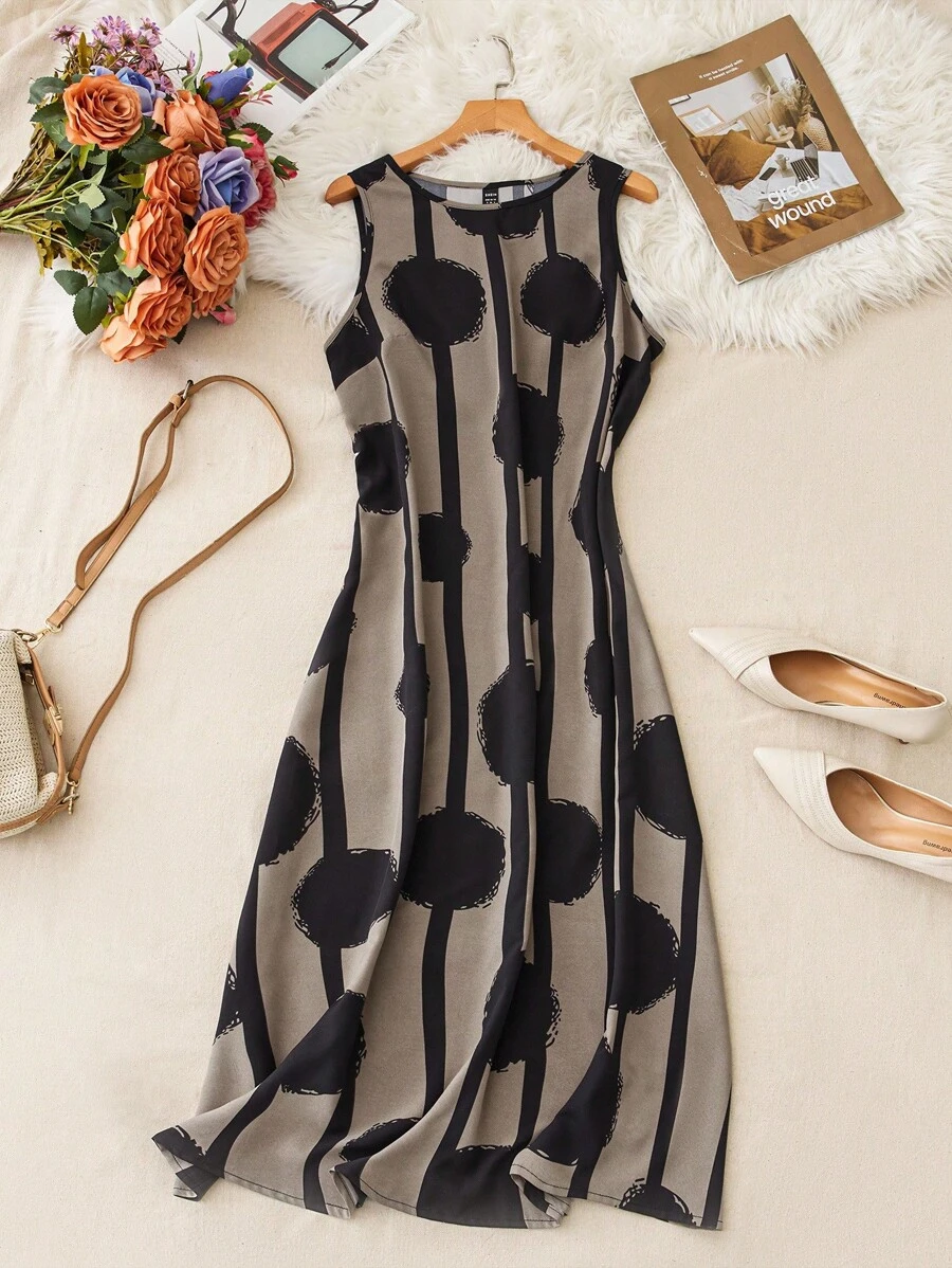 SHEIN LUNE 女式黑色波尔卡圆点印花无袖夏季圆领长裙 - 彩色 - 查看 1